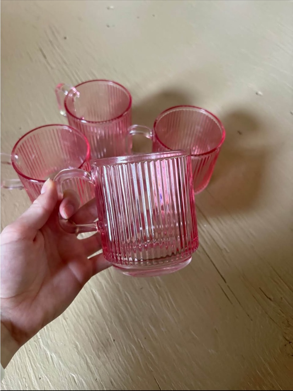 Set of 4 Pink Ribbed Glass Mugs with Handles